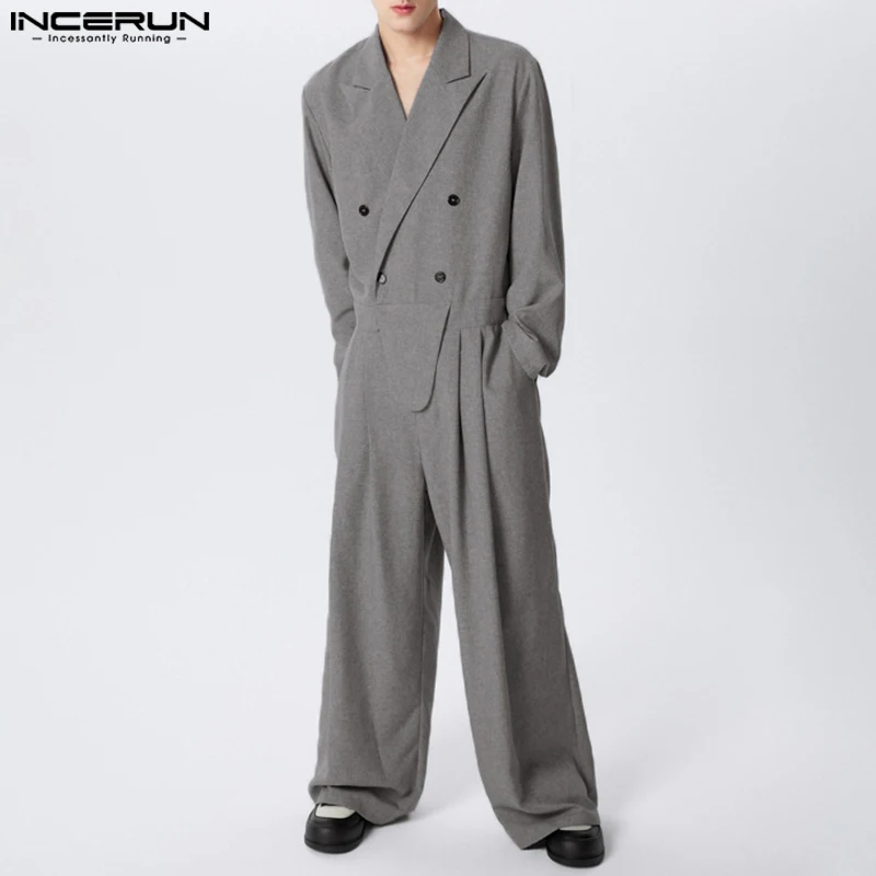 INCERUN Men Jumpsuits Solid Color Lapel Long Sleeve Double Breasted Rompers Men Streetwear 2024 Loose Fashion Casual Overalls