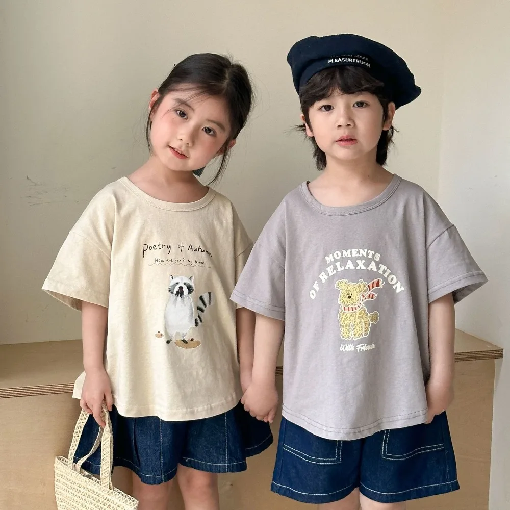 

Children's Summer Short Sleeve T-shirt Pure Cotton 1-8Y Boys Cartoon Animal T Shirts Girls Cute Loose Tops Brothers and Sisters