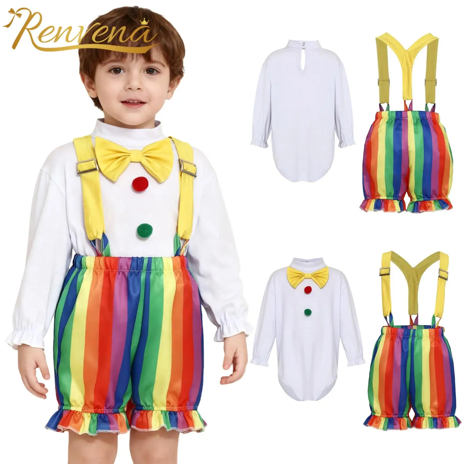 

Костюм клоуна для малышей 3M-2T: комбинезон для девочек и мальчиков с разноцветными подтяжками, шорты для косплея, вечеринок и цирковых представлений