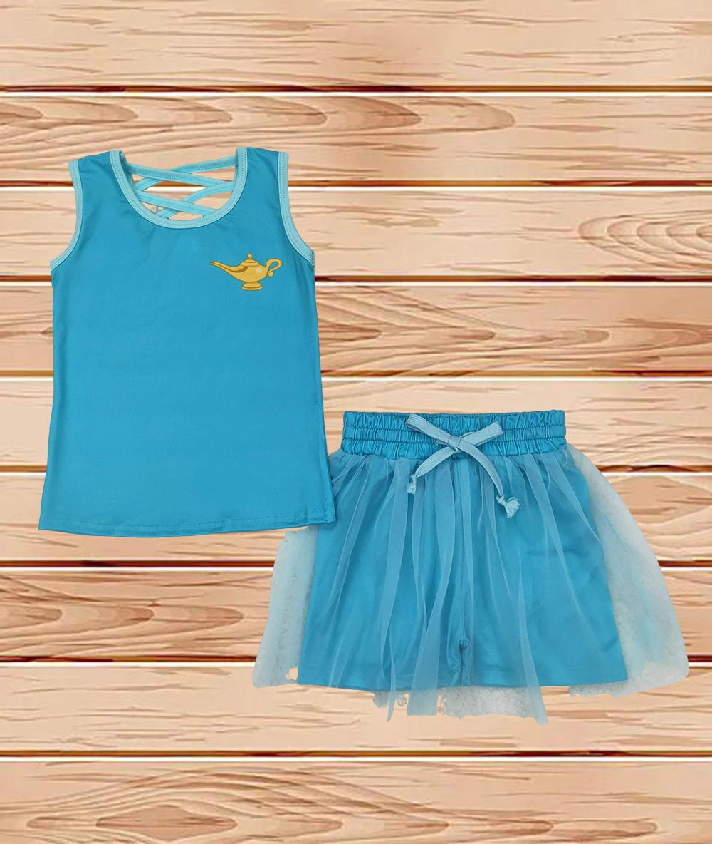 

4.10 Wholesale Western Boutique children clothing Baby Girls Light Blue Shirt Skirt Clothes Sets
