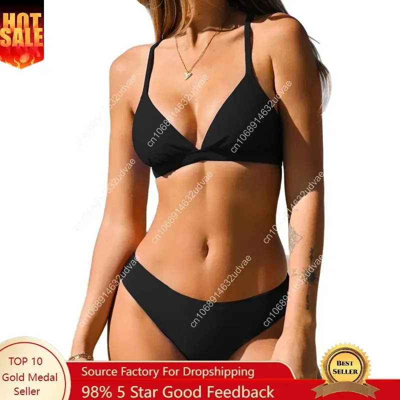 Bikini Set for Women Two Piece Swimsuits V Neck Low Rise Crisscross Back Self Tie Spaghetti Straps