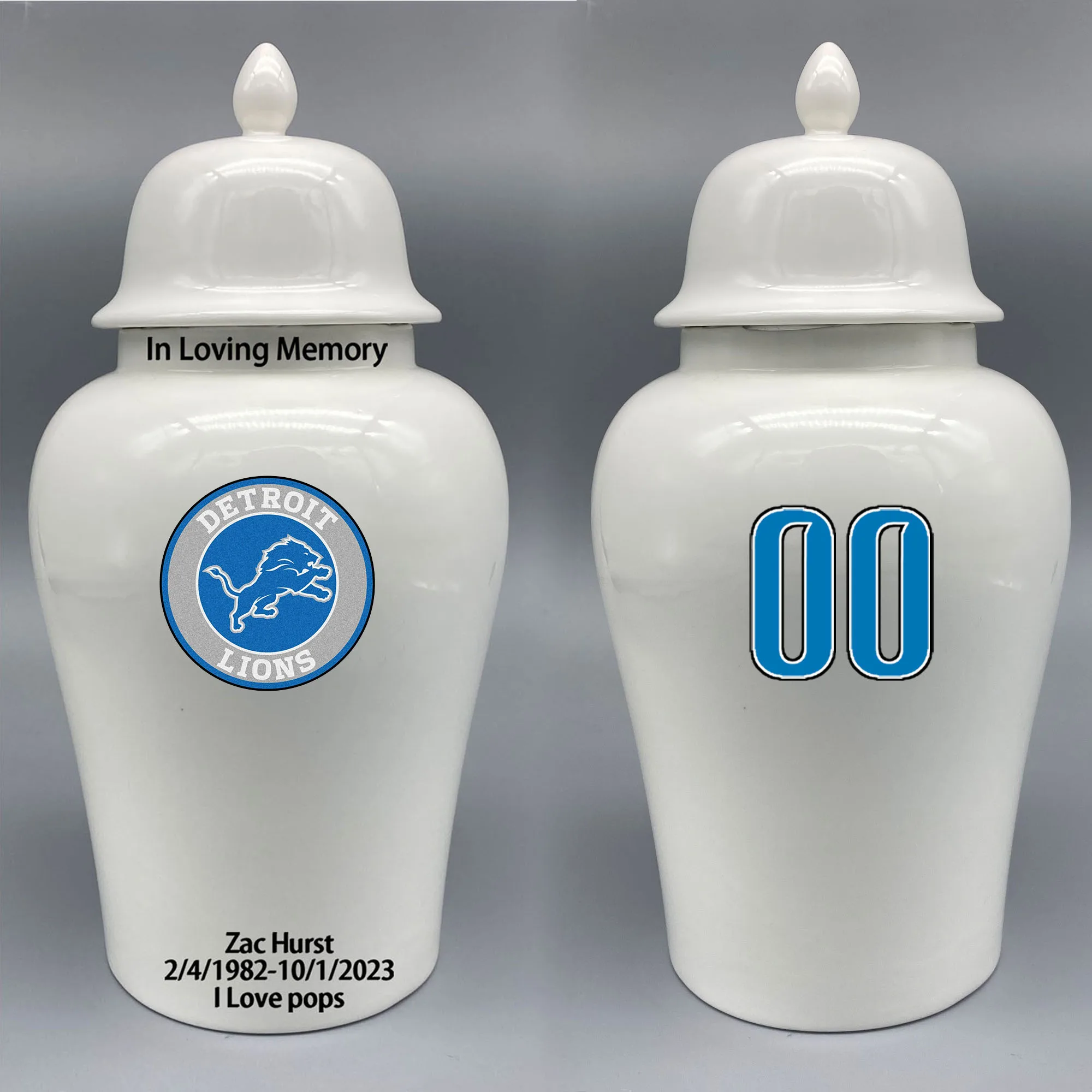 Large Urn for Detroit Lions-themed Logo Urn.Please send me the customize information-name/date and number on the urn