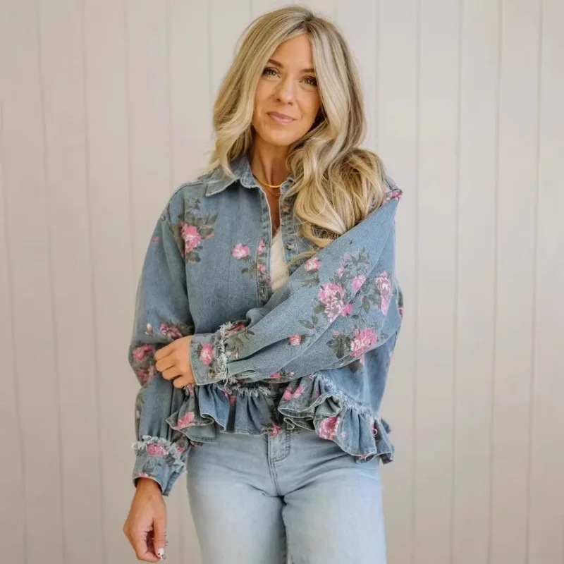 

Spring Autumn Vintage Washed Denim Women Jacket Printed Loose Long Sleeves Coat Elegant Fashion Women Clothing