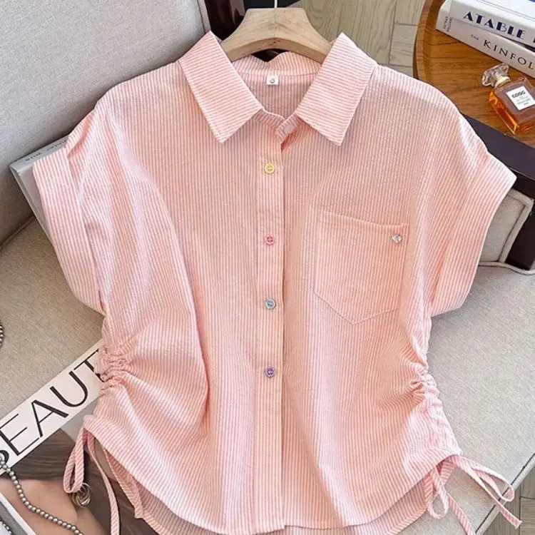 

Women's Striped Short Sleeve Button Down Shirt With Drawstring Waist Casual Blouse