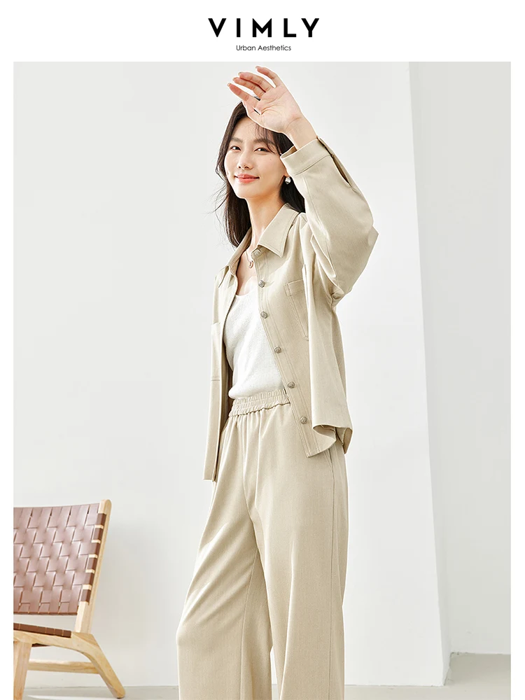 Vimly Two Piece Sets Womens Outifits Lapel Shirt Coat Elastic Waist Baggy Pant 2024 Spring Office Lady Casual Matching Set M3995