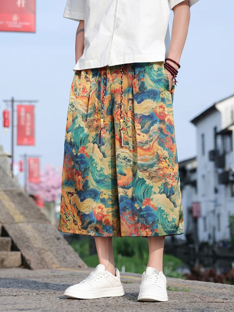 

New Chinese Sle Ice Silk Seven-Foot Pants Men's Summer Loose Wide Leg Straight Casual orts Thin Fabric Printed Youthful