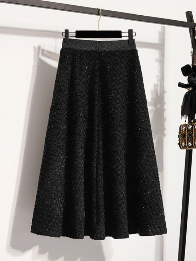 

Shiny Thread Thick Tweed A-Line Midi Skirt Women's Spring Autumn plus Size Elegant High Waist Long Skirt Korean Style