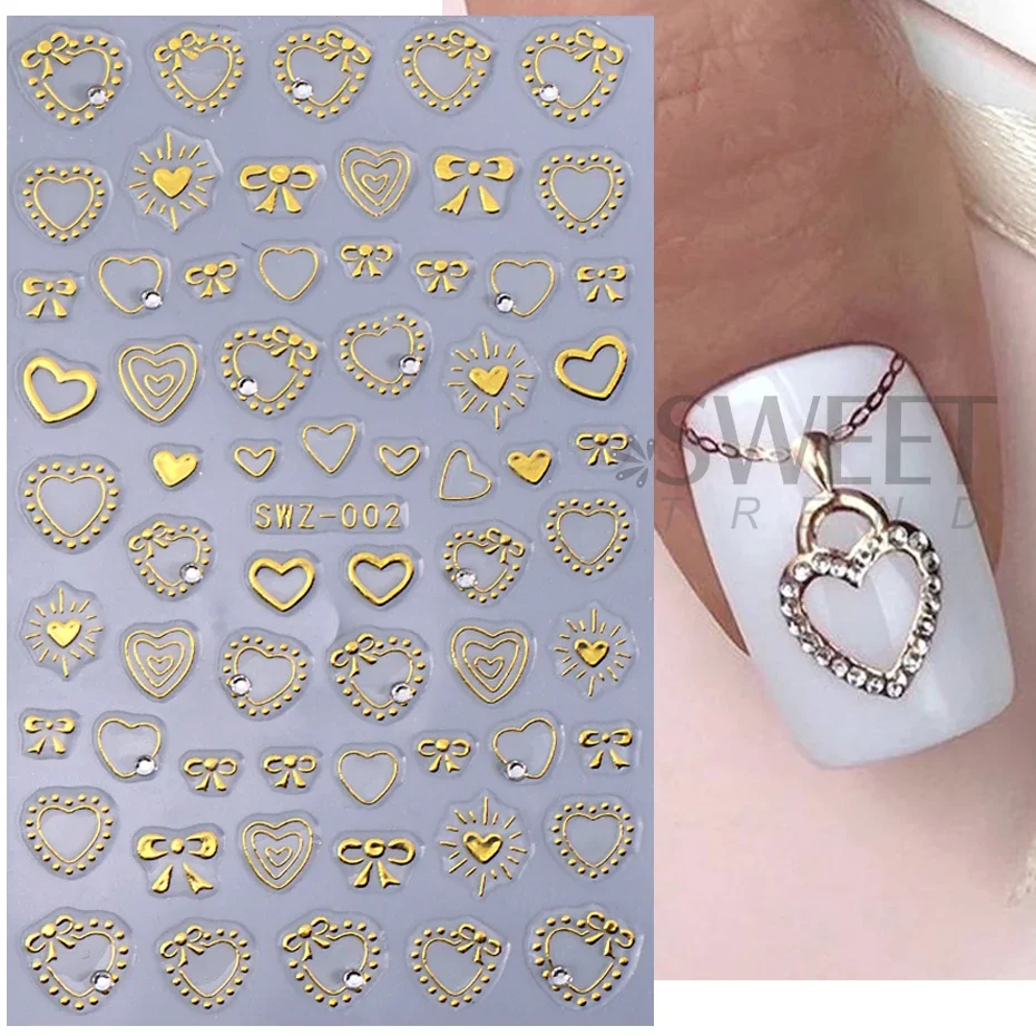 Gouden Valentijnsdag Strass Nagelsticker 3D Bronzing Liefde Hart Sleutelhanger Strik Gem Sieraden DIY Y2K Holografische Nageldecoratie