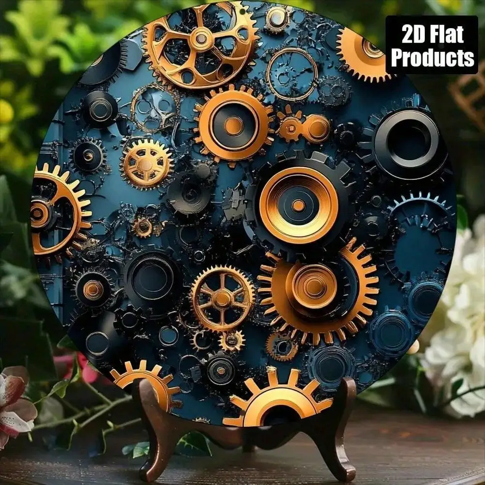 Brand Vintage Industrial Metal Wall Art Steampunk Gear Sculpture 8x8 Inch Round Aluminum Decor Blue Gold Accents For Living Roo