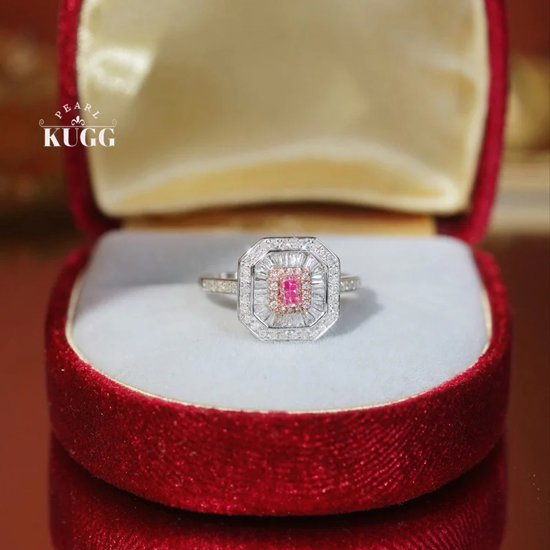 KUGG 100% 18K White Gold Rings Luxury Design Pendant Elegant Real Natural Pink Diamond Cocktail Ring for Women Fine Jewelry