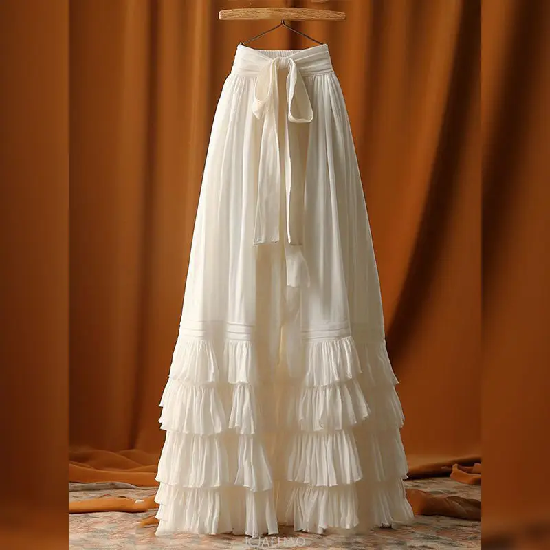 

2025 Women Japanese High Waist Elegant Solid Color Tiered Skirt Lace Up Cascading Ruffles Long Party Faldas Mujer Spring Summer