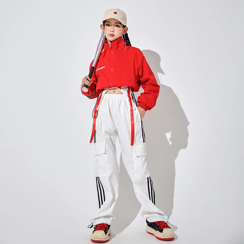 Kids Kpop Hip Hop Clothing Windbreaker Pullover Jacket Crop Top Streetwear Cargo Pants for Girls Boys Jazz Dance Costume Clothes
