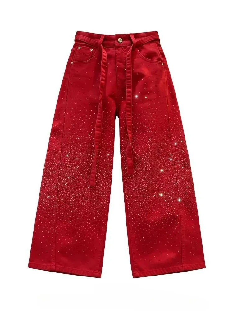 Women's Fashionable Red Wide Leg Pants 90s Vintage Cool Girl Wide Legs Sweatpants Female High Waisted Personality Trousers