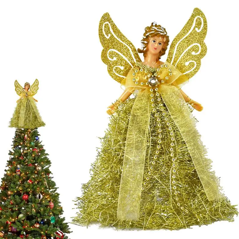 Tree Topper Angel Figurine with Wings Christmas Tree Topper Decorative Reusable Festival Theme for Xmas Holiday Party Decoration