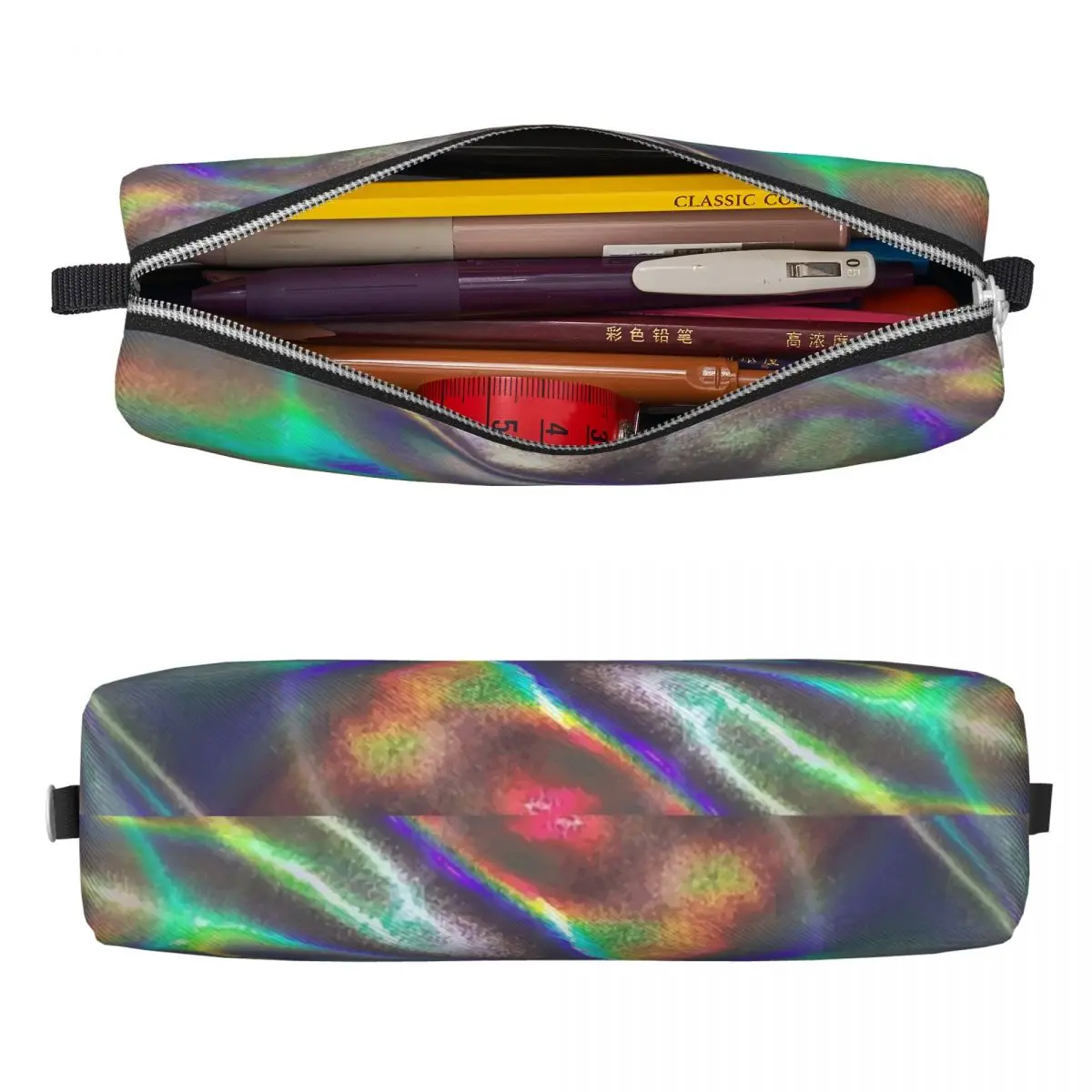 Holographic Print Vaporwave Foil Metallic Pencil Cases Classic Pen Bags Student Large Storage Office Zipper Pencil Pouch