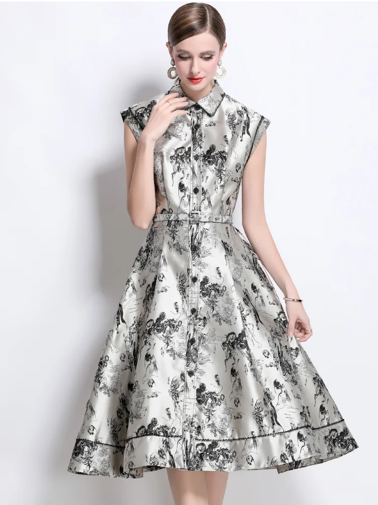 2025 New Spring Single Breasted Sleeveless Animal Ink Jacquard Long Dress Women's Turndown Collar Summer Dress