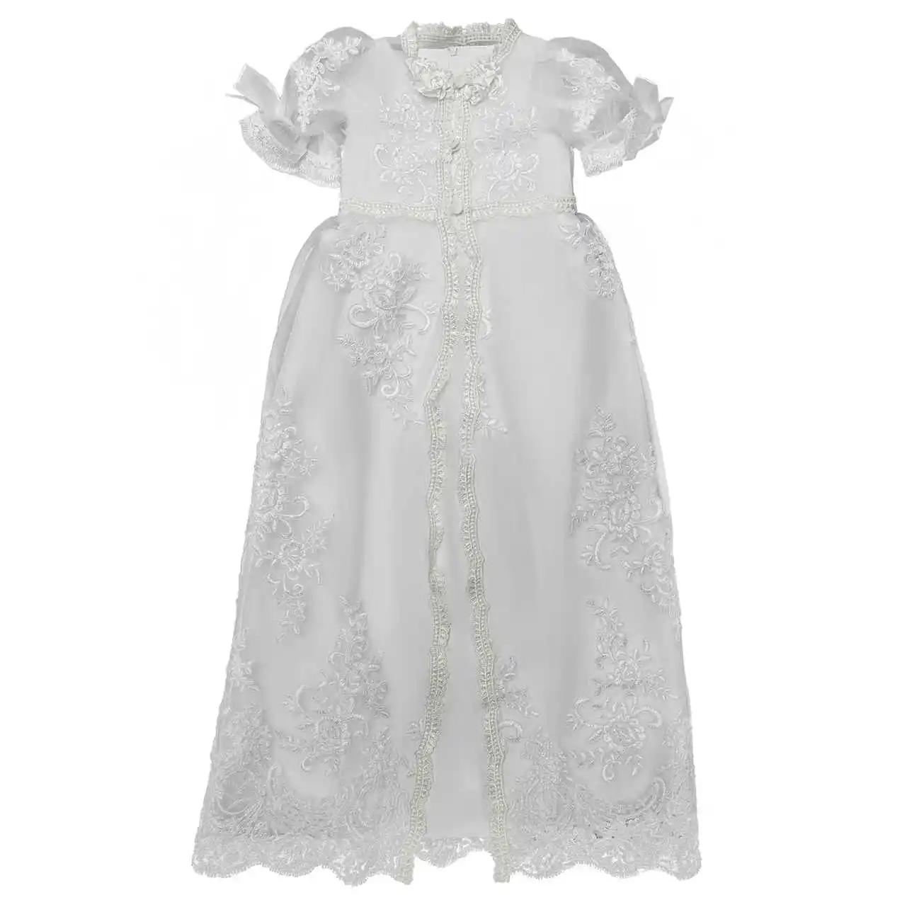 Robes Vintage à fleurs pour filles, col transparent, manches longues, fleurs faites à la main, vêtements de cérémonie pour enfants, robe en Satin Hi Lo pour mariage