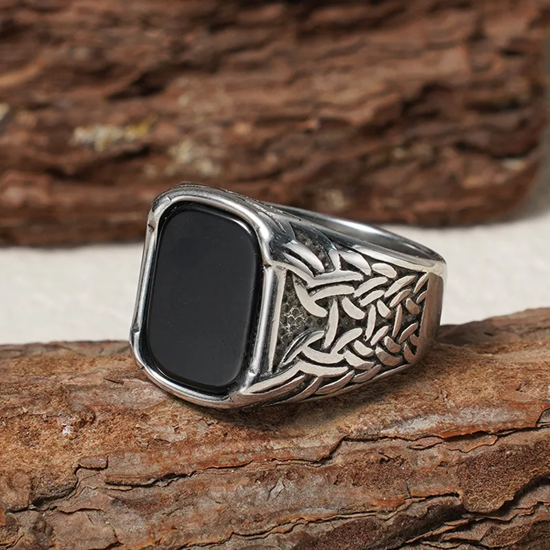 Keltischer Geflochtener Schwarzer Achat Herrenring, 316L Edelstahl Vintage Gotischer Schmuck – Detail 3
