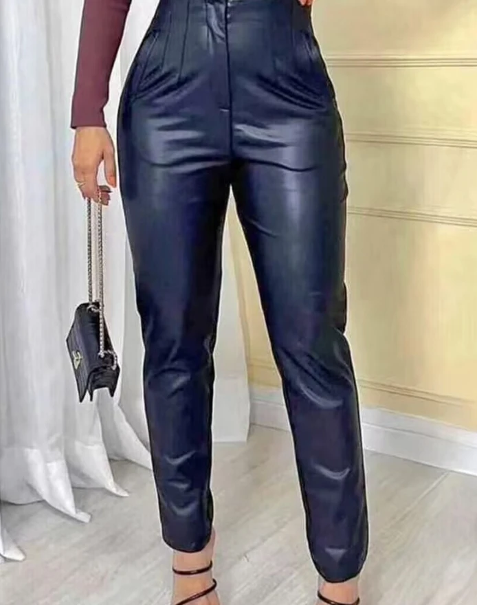 

Women's Trousers 2025 New Casual Street Trendsetters Solid Color PU Leather Ruched High Waist Pencil Pants Streetwear