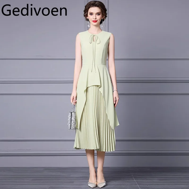 

Gedivoen Summer Fashion Runway Designer Dress Women's Vintage Solid Color Sleeveles Lace Up Lrregular Patchwork Pleated Dresses