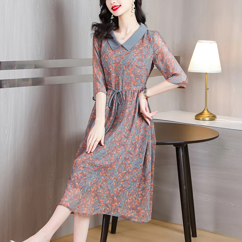 

Spring/Summer 2023 New Doll Neck Fragmented Flowers Short Sleeve Dress Women's Temperament Large Loose Slim Waist Covering Skirt