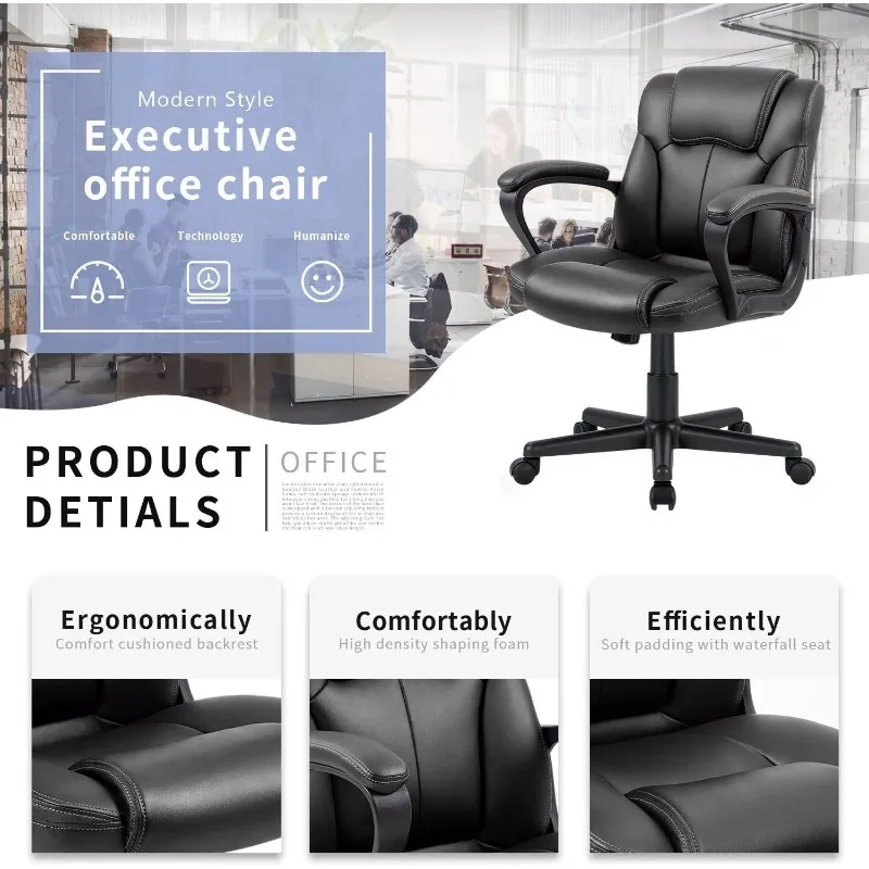 Executive Office Chair Swivel Computer Task, Mid Back Ergonomic Leather-Padded Desk Seats with Lumbar Support,Armrests