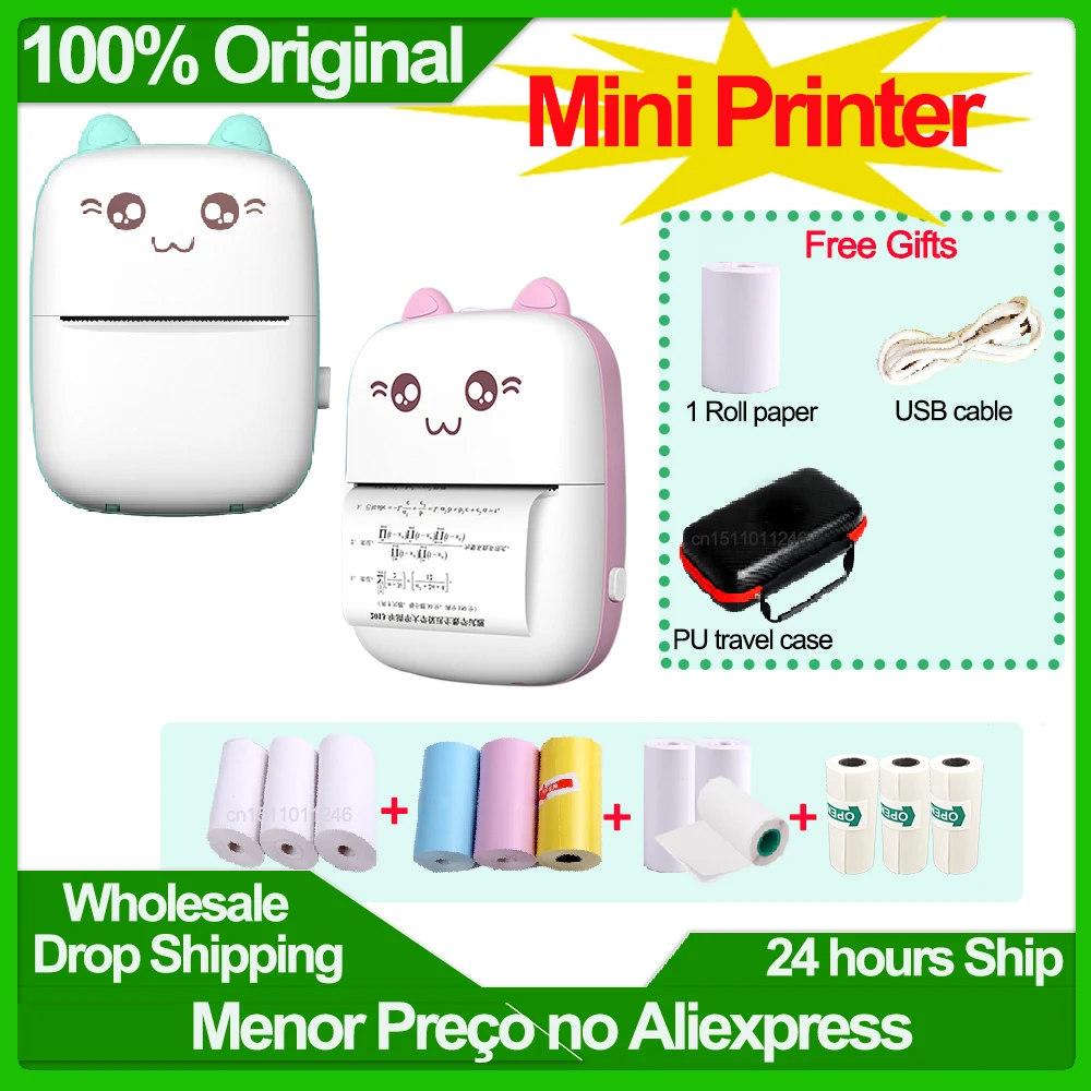 Portable Thermal Printer Mini Wireless BT 203dpi Photo Label Memo Wrong Question Print USB Cable Imprimante Portable Travel Case