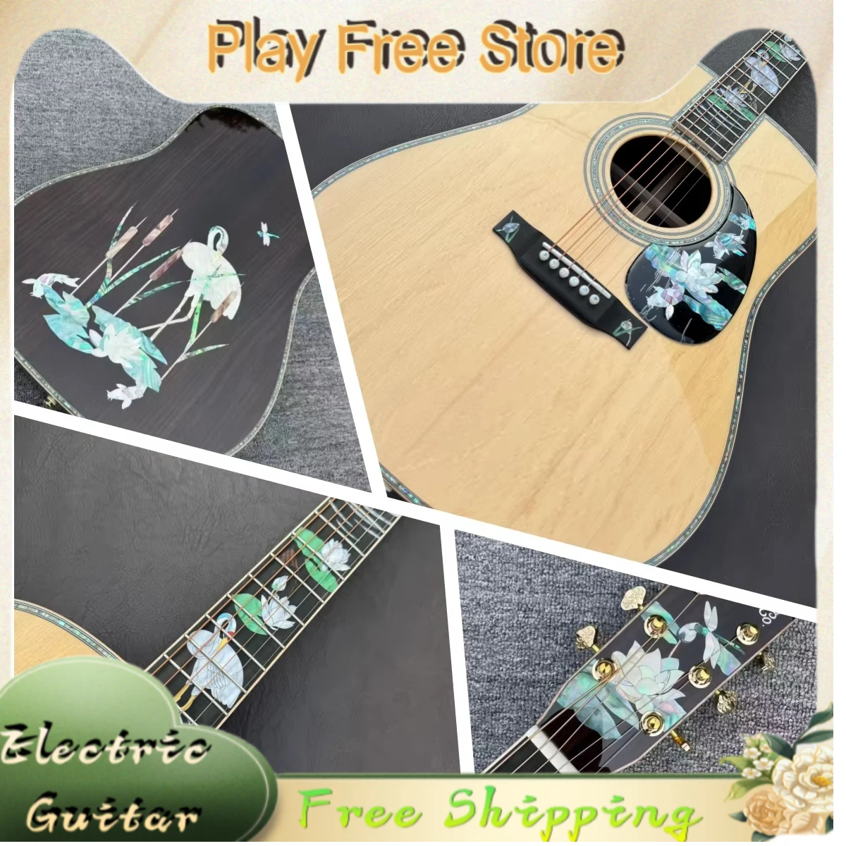 Acoustic Guitar All Solid Wood High End Solid Spruce Shell Inlay Solid Spruce Top Rosewood Back Crane Lotus Art Fingerstyle