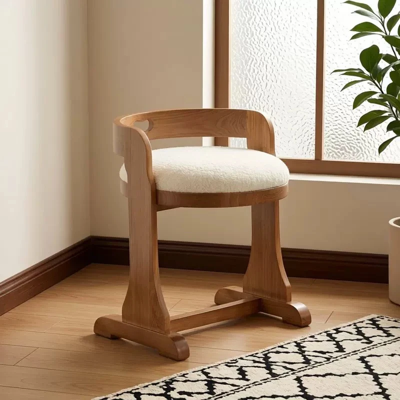 Lamb Wool Makeup Stool,Solid Wood Shoe Changing Stool,Backrest Leisure Chair,Living Room Footstool,Mobile Seats,Nordic Furniture