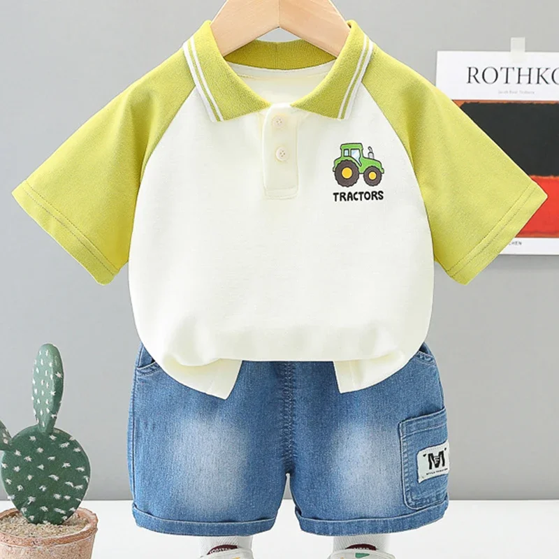 

2Piece Summer Baby Boy Clothes Korean Fashion Casual Cartoon Cotton Short Sleeve Tops+Denim Shorts Boutique Kids Clothing BC2127