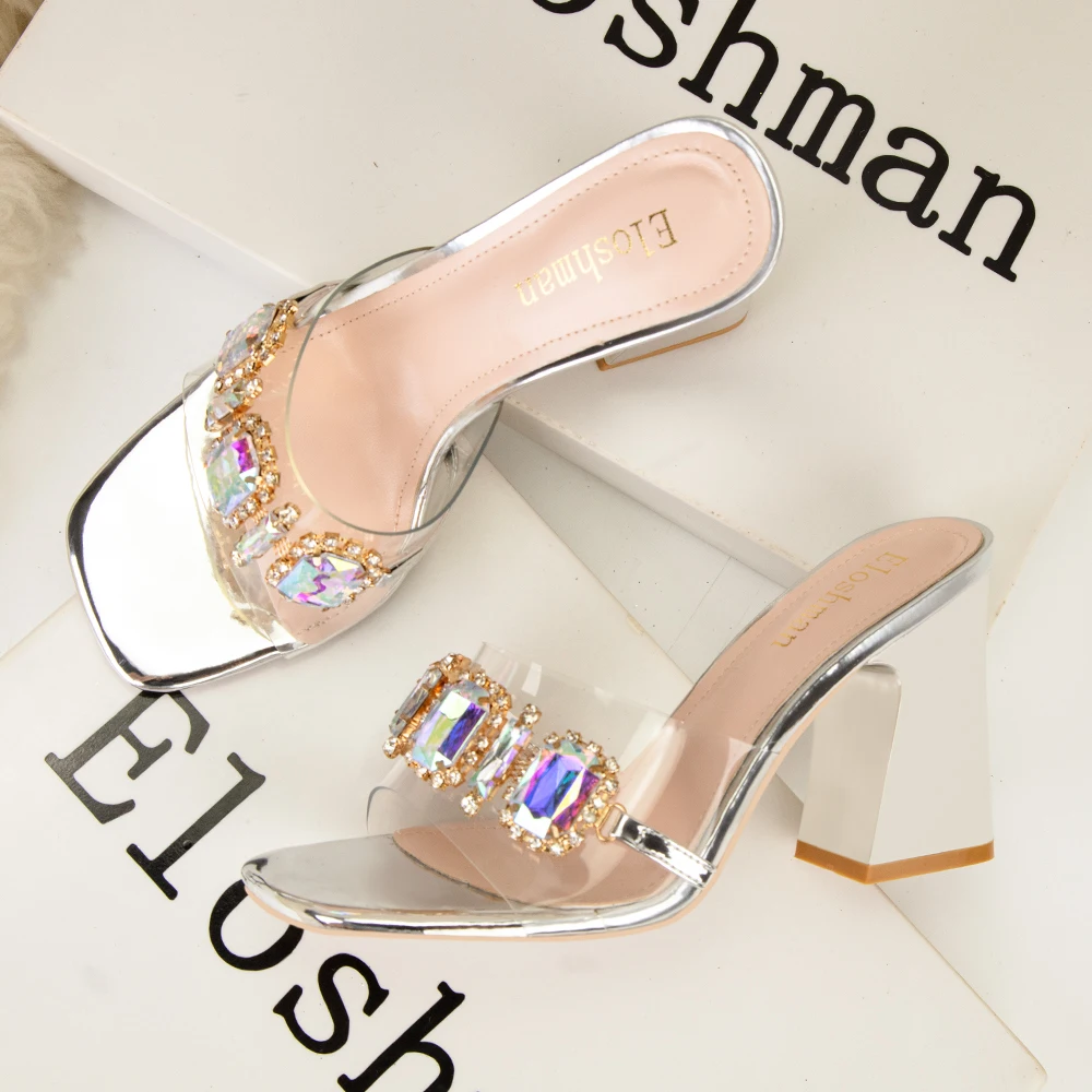 Sexy Party Slippers for Women Mules High Heels Fashion Metal Chain Design PVC Transparent Sandals Ladies Slide Shoes