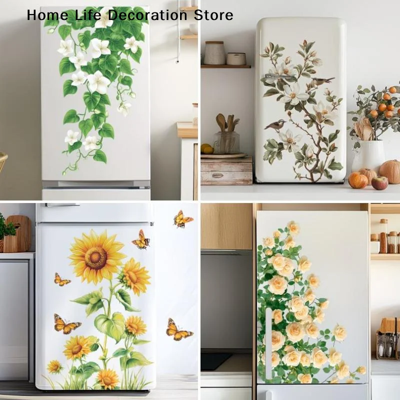 【TG】Elegant Magnolia Refrigerator Sticker Self-Adhesive Removable Waterproof Wall Decal Kitchen Appliances Stickers Home Decor