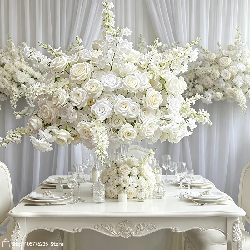 Künstliche weiße Rosen-Delphinium-Blumenarrangement Hochzeitstisch-Mittelstück Blumenball Party Gangdekoration Event-Veranstaltungsort-Deko – Detail 7