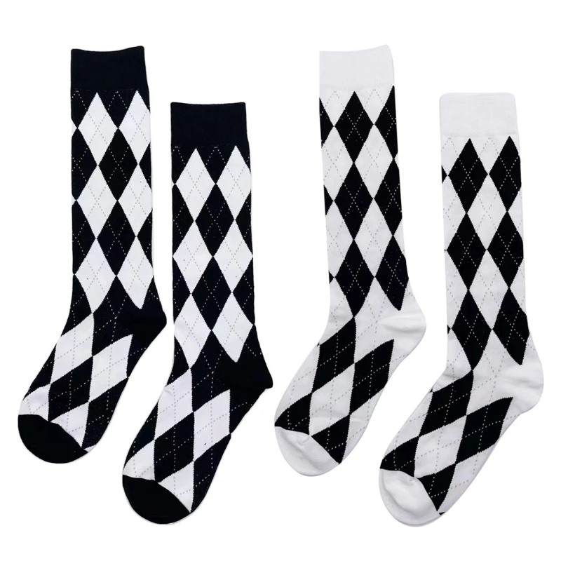 Women Autumn Black White Knee High Socks Harajuku Preppy Argyle Diamond Lattice Plaid Vintage Student Calf