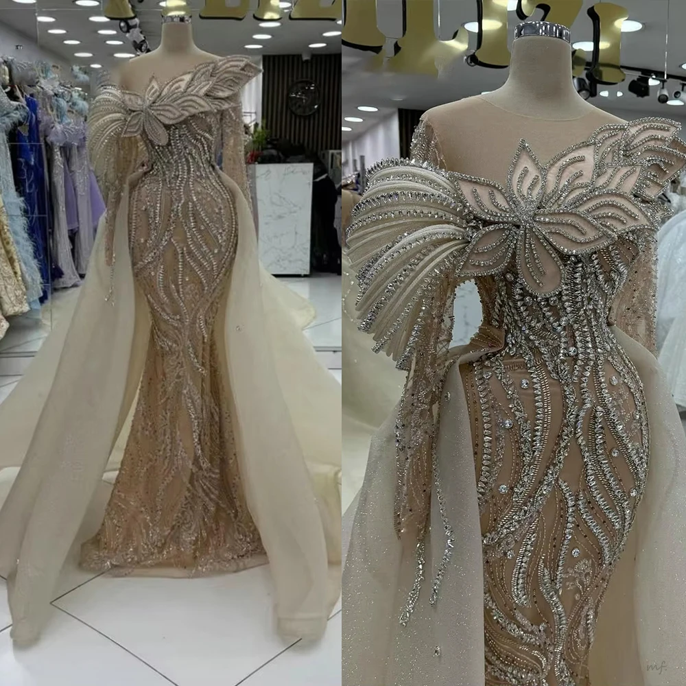 

Long 3D Floral Sheer Neck Mermaid Evening Dresses Customized Arabic Crystals Beaded Formal Dinner Party Prom Gowns