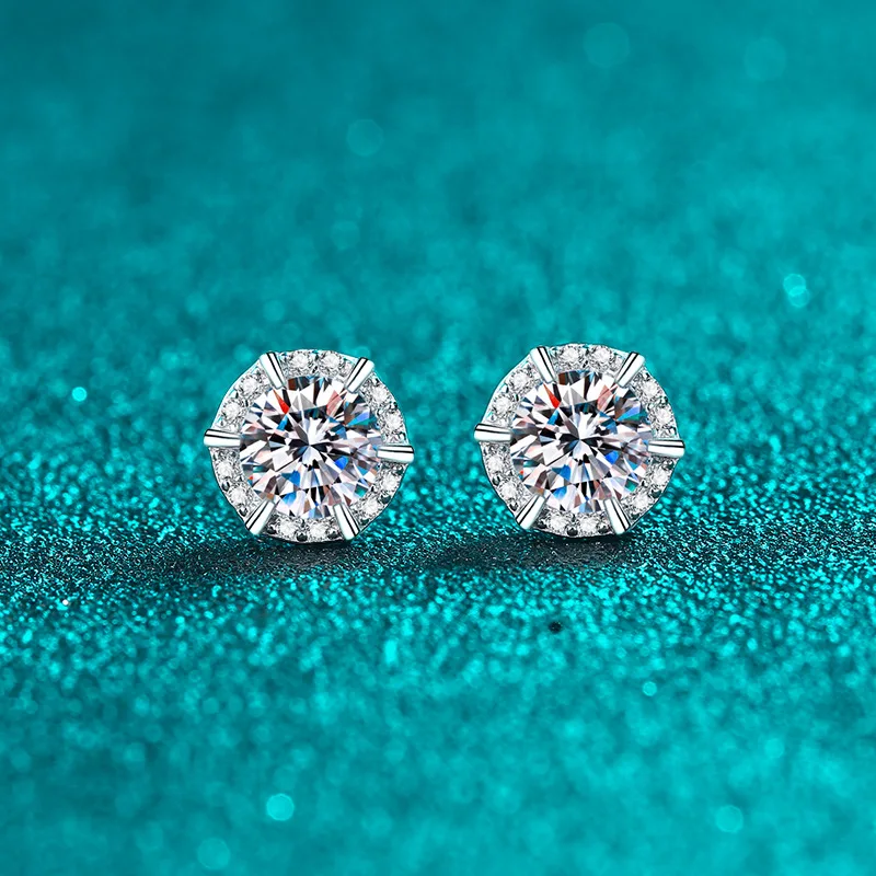 Elegant PT950 Platinum 2-carat Moissanite Hexagon Stud Earrings, Compass Inlaid Diamonds Trendy Earrings Versatile Daily Gift