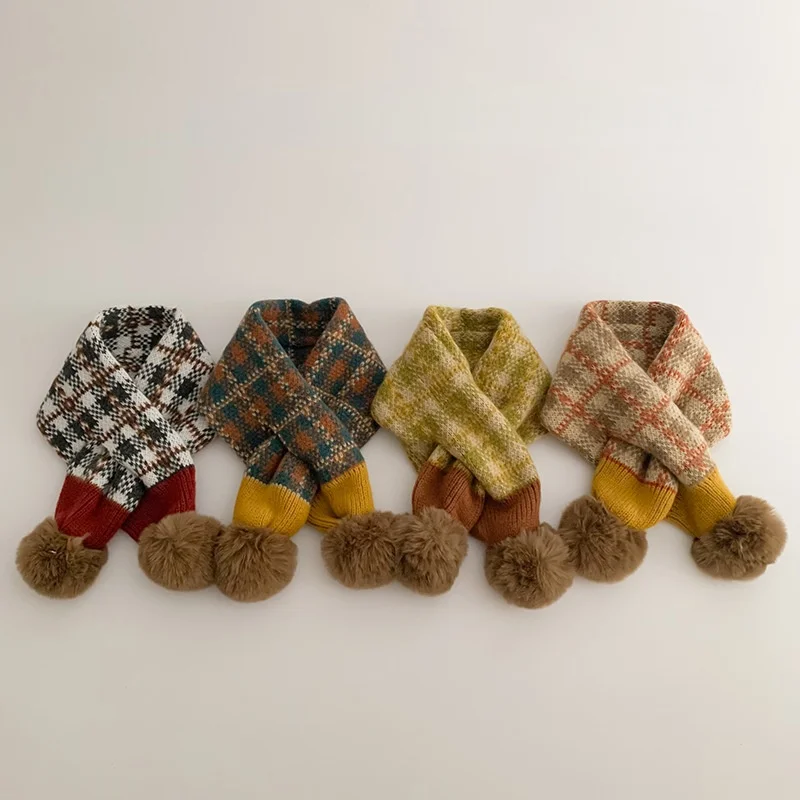 

2025 New Year Christmas Toddler Kids Knitted Cross Warm Scarf Plaid Pattern Fuzzy Pom Pom Winter Neck Warmer for Baby Boys Girls