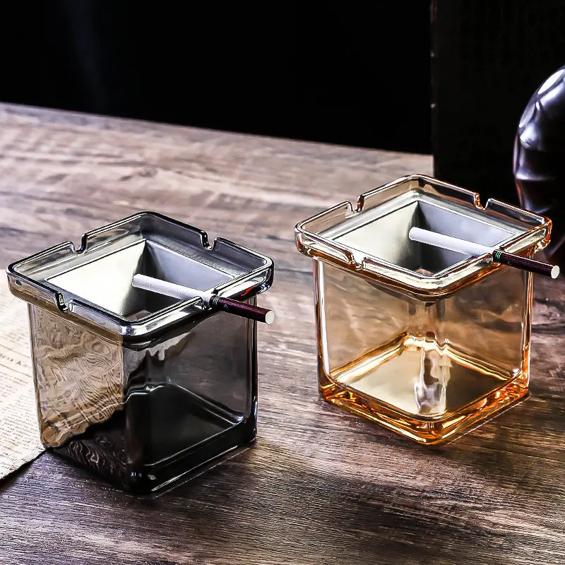 

Square Glass Ashtray Stainless Steel Funnel Home Creative Anti-fly Ash Ashtray Office Living Room Windproof Smoking Accessories