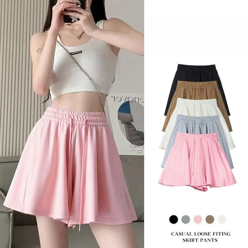 Summer Trendy Women's Sports Shorts A-Line Skirt Pants Elastic High Waisted Wide Leg Shorts With Pockets Casual Sweet Yoga Short