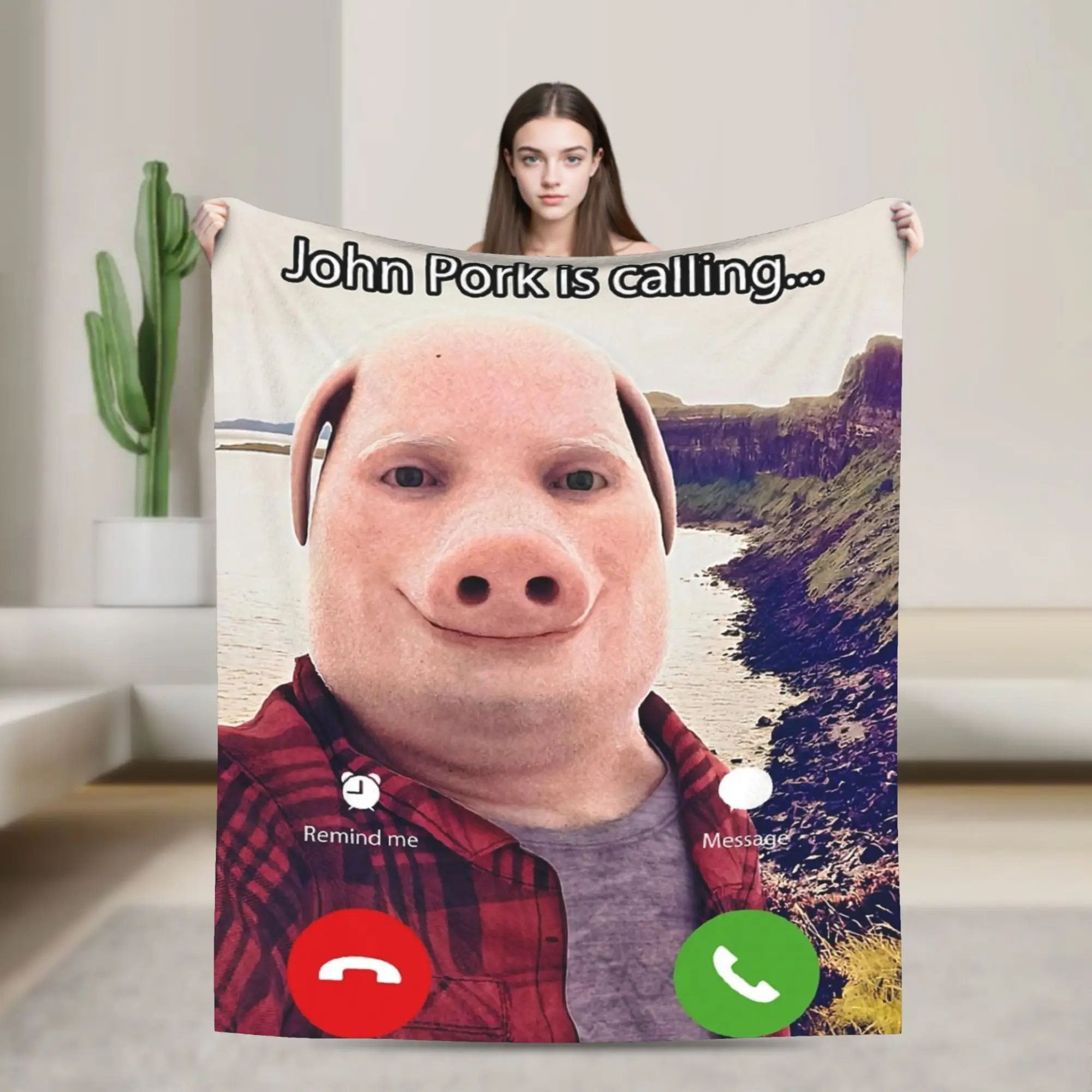John Pork Is Calling Funny Answer Call Phone Blanket Fleece Print Multifunction Warm Throw Blanket for Bed Car Plush Thin Quilt