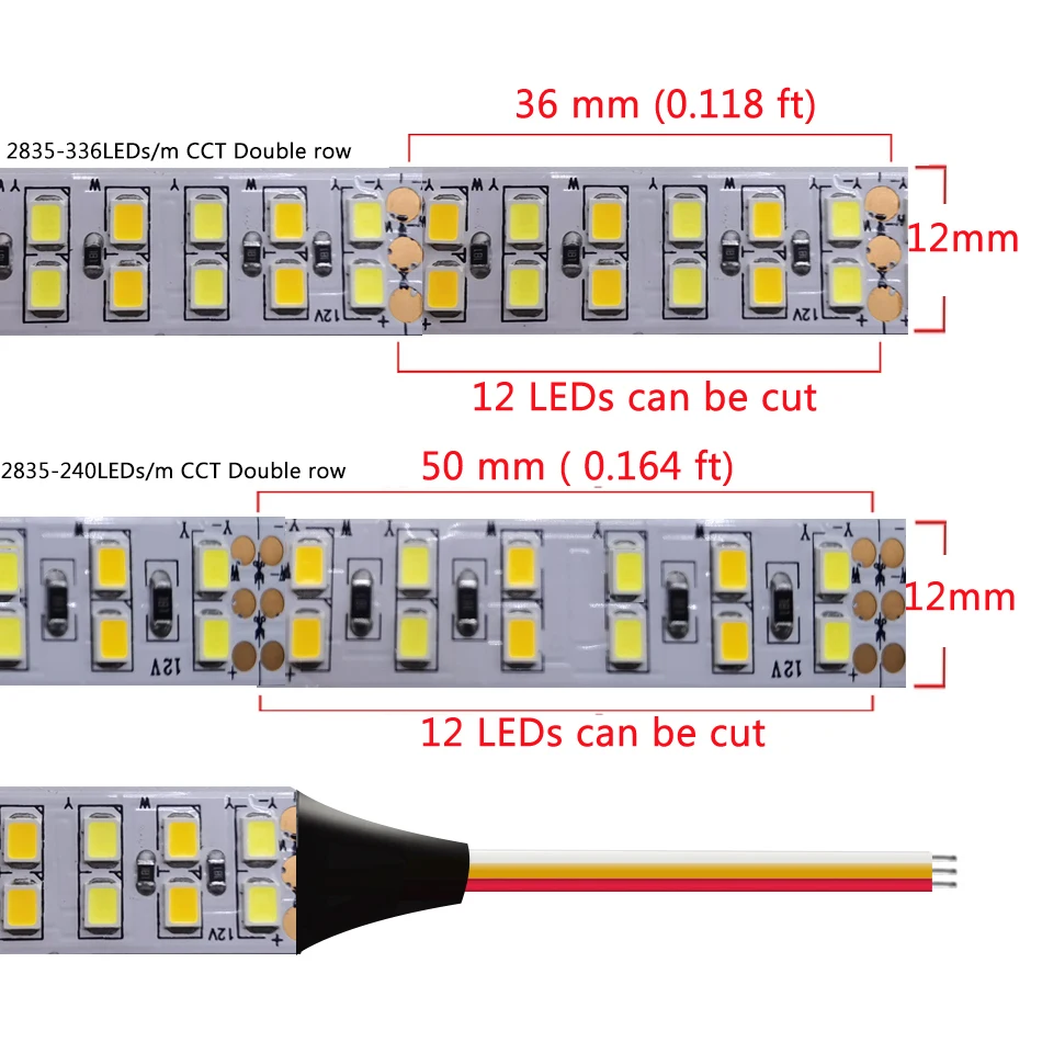 5m Double Color LED Strip Light DC12V Flexible Dual White CCT 2835 5050 SMD 240/336 LEDs per Meter CW/WW Lamp for Lighting