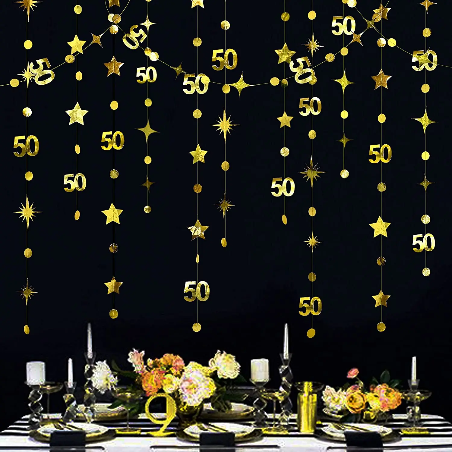 Gold 50th Happy Birthday Banners Decorations Number 50 Circle Dot Twinkle Star Garland Metallic Paper Hanging Streamer Backdrops