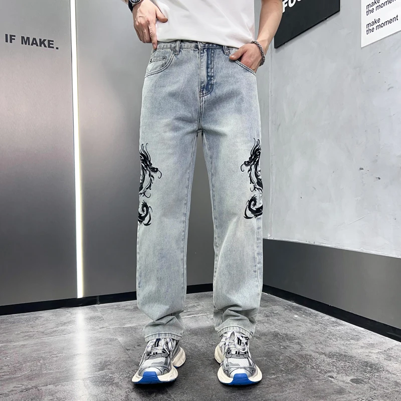 Y2K new personalized embroidery men's jeans loose Korean version of the animal pattern straight jeans wide-leg pants men's pants