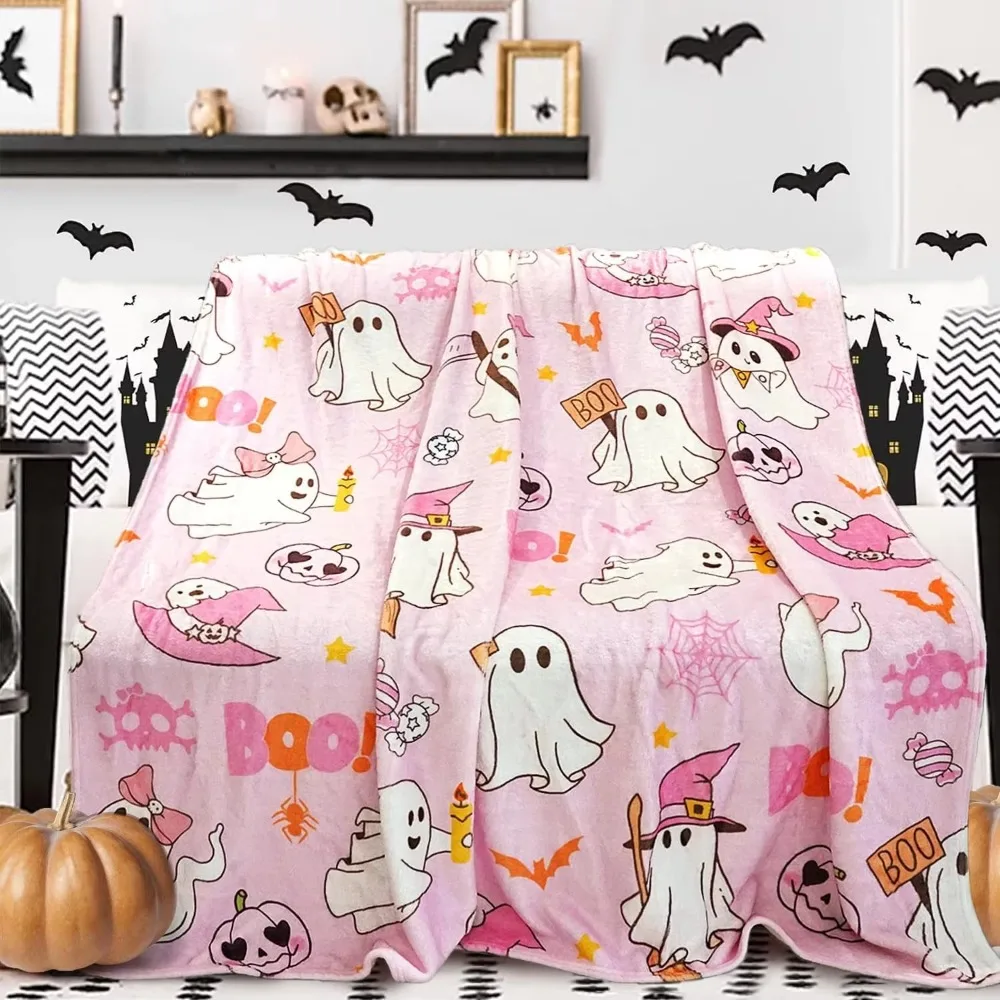 1PC Halloween Theme Throw Blanket Cute Ghost Boo Lovely pink Thin Blanket Gifts for Couch Bed Car Home Camping all season use