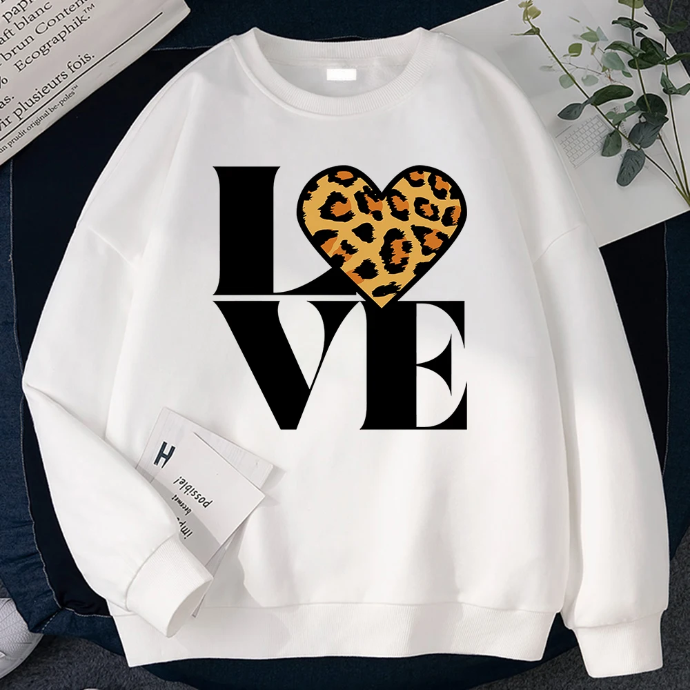 Autumn Harajuku Womens Sweatshirts Vintage Leopard Love Forever Printing Hoodies Loose Drop Sleeves Pullovers Soft Fleece Tops