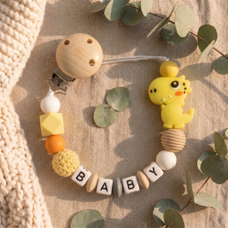 Mittsboy Personalized Pacifier Clip Custom Name Silicone Baby Teether Chain Dinosaur Dummy Holder BPA Free Baby Shower Gift