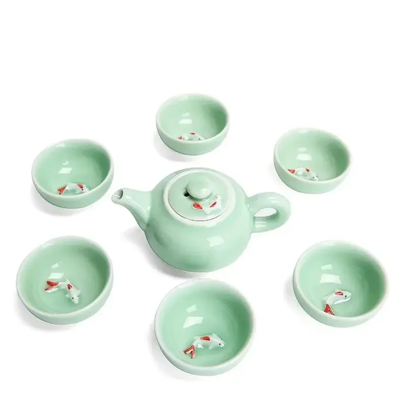 Longquan Celadon fish tea set ceramic teapot kettle cup chinese kung fu drinkware 1pot+6cups