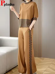 Conjunto de 2 piezas de punto fino para mujer, Jersey coreano de manga corta con cuello redondo, pantalones de chándal de pierna ancha de cintura alta para mamá, chándal de verano