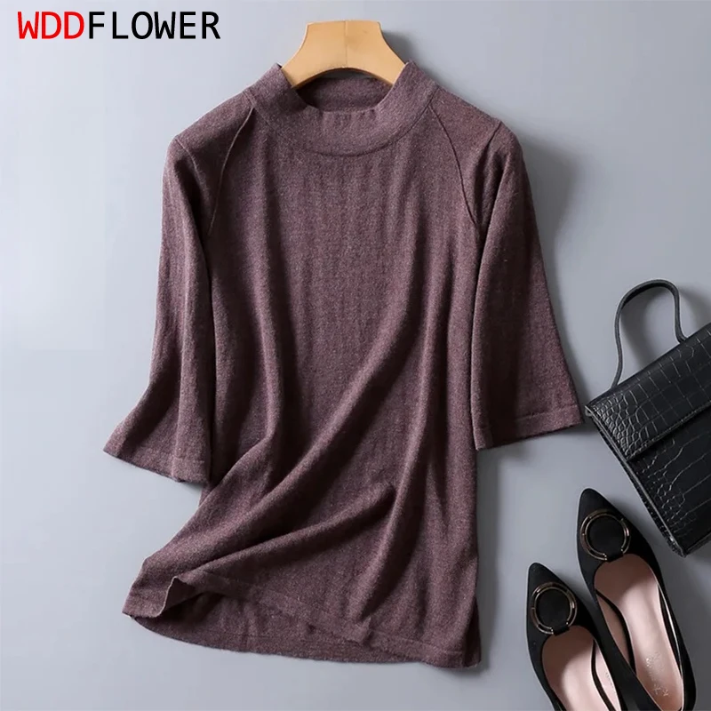 Good Quality 85% Silk 15% Wool High Neck half sleeve pullover Top Sweater M-2XL SG317