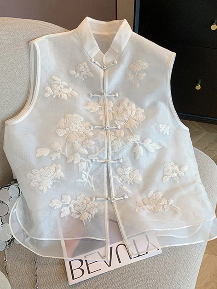 

Новый китайский жилет из органзы с вышивкой, топ с тонкими накладками, модный воротник-стойка, женская летняя верхняя одежда